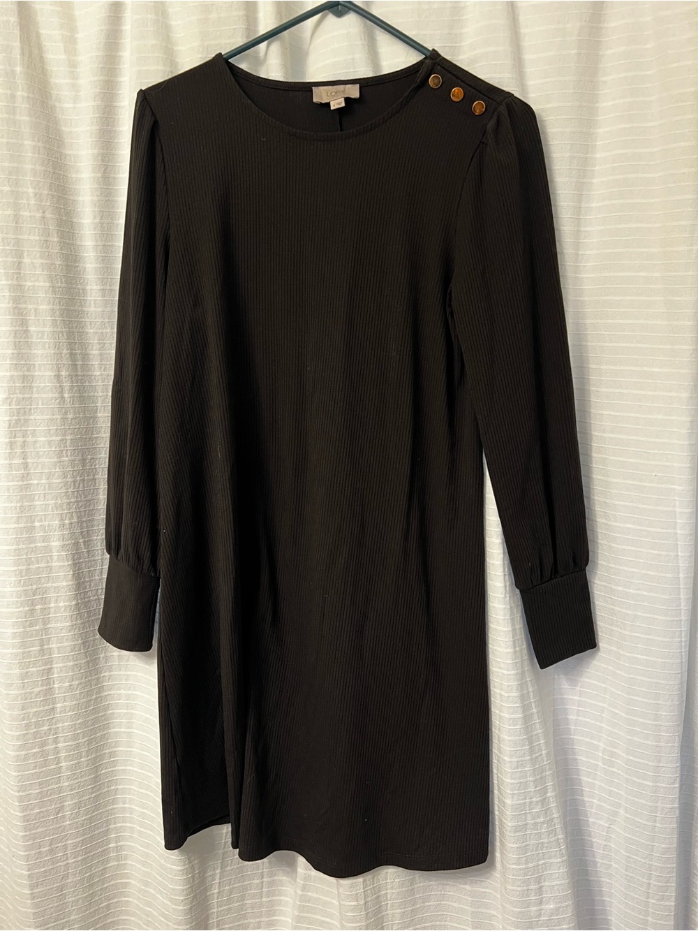 LOFT Black Long-Sleeve Ribbed Shift Dress with Shoulder Buttons